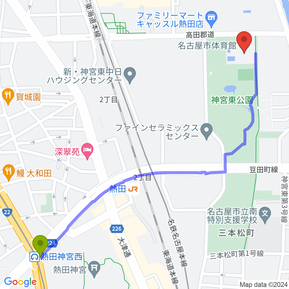 神宮西駅から名古屋市体育館へのルートマップ地図