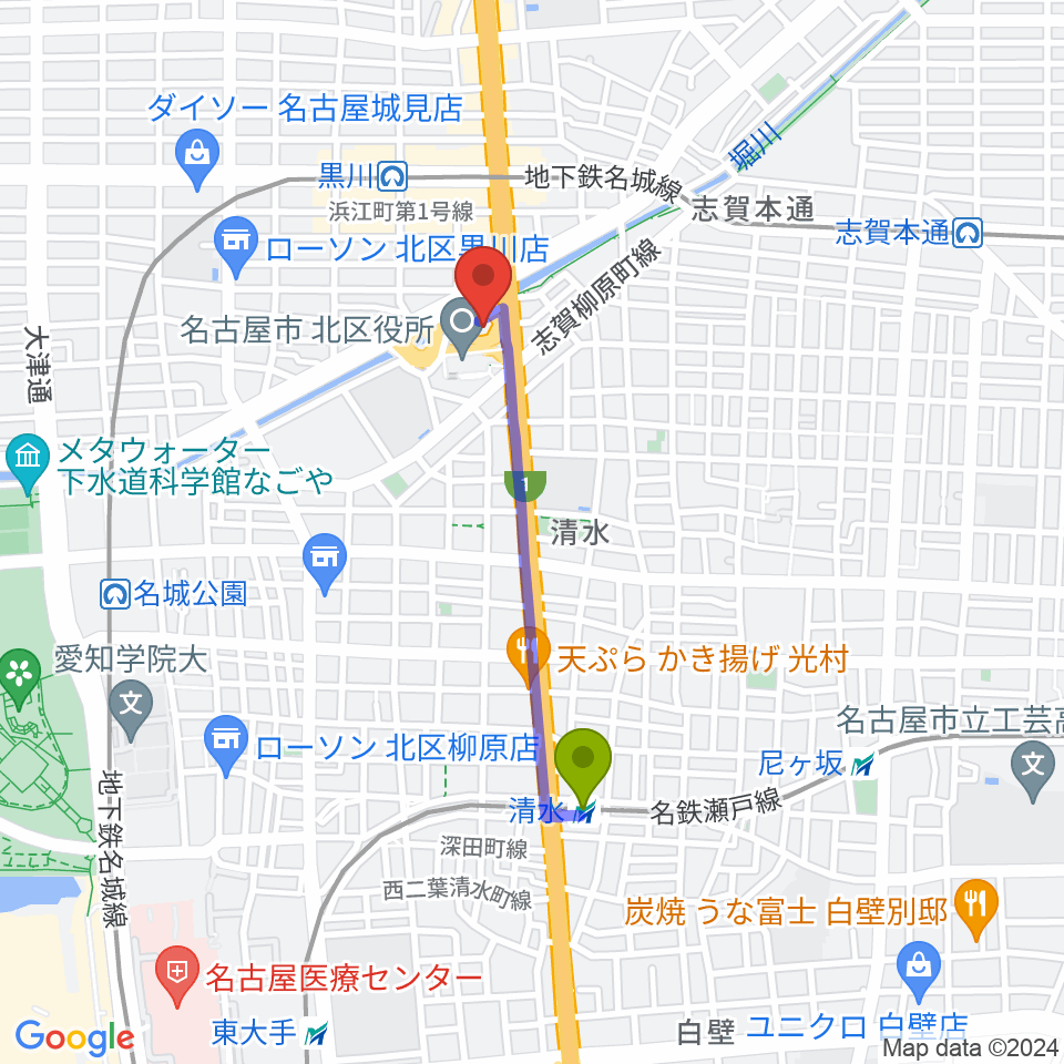 清水駅からレインボー黒川スポーツトレーニングセンターへのルートマップ地図