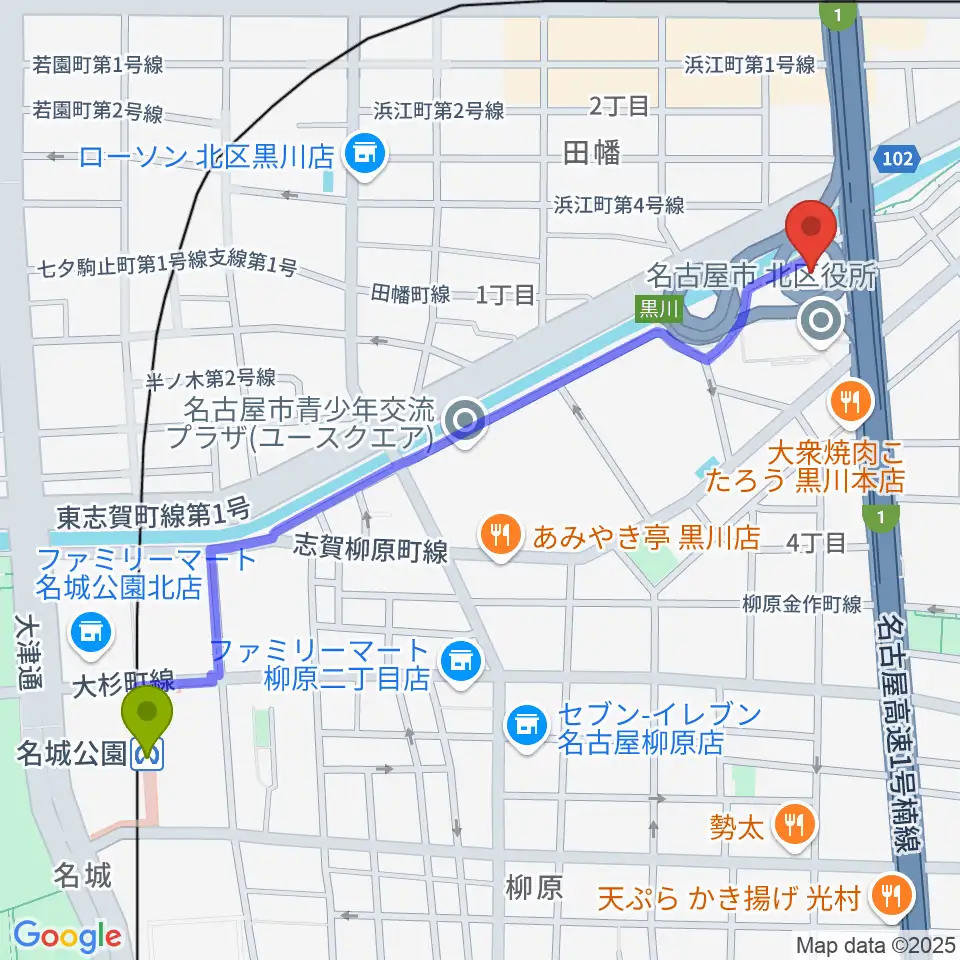 名城公園駅からレインボー黒川スポーツトレーニングセンターへのルートマップ地図