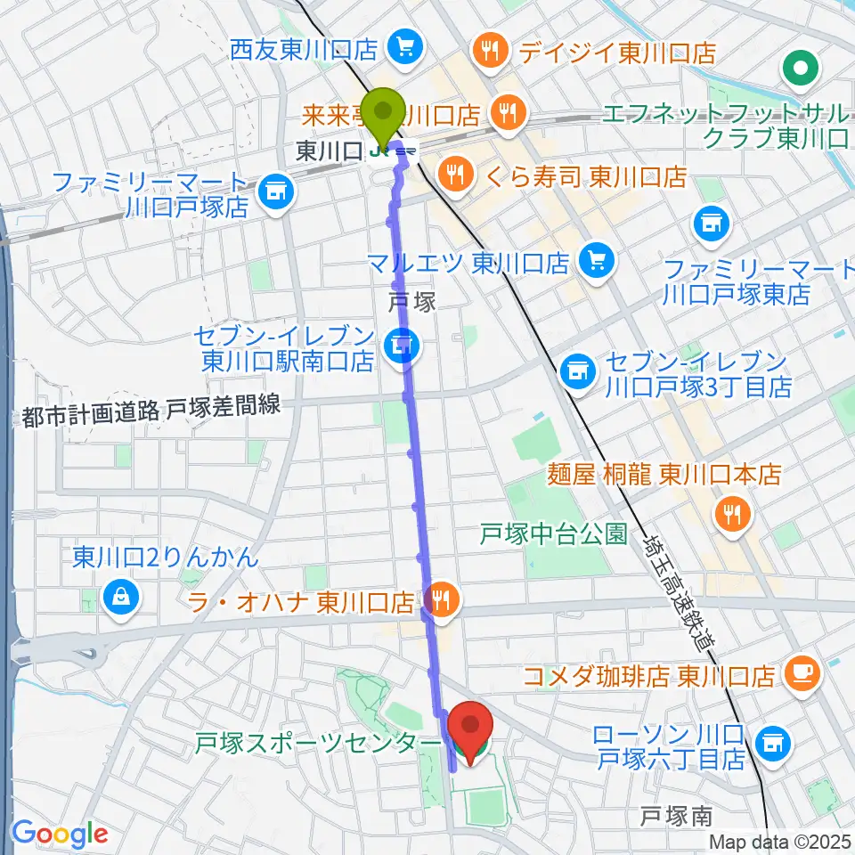 東川口駅から川口市立戸塚スポーツセンターへのルートマップ地図