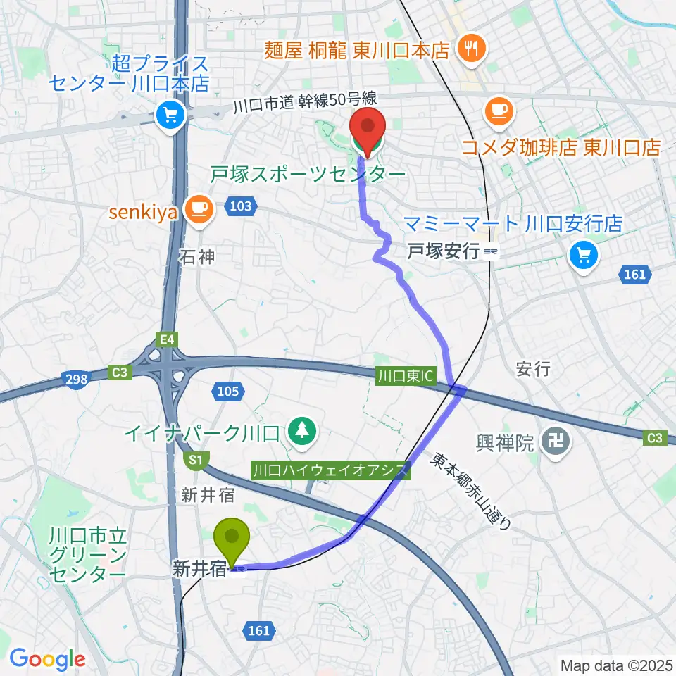 新井宿駅から川口市立戸塚スポーツセンターへのルートマップ地図