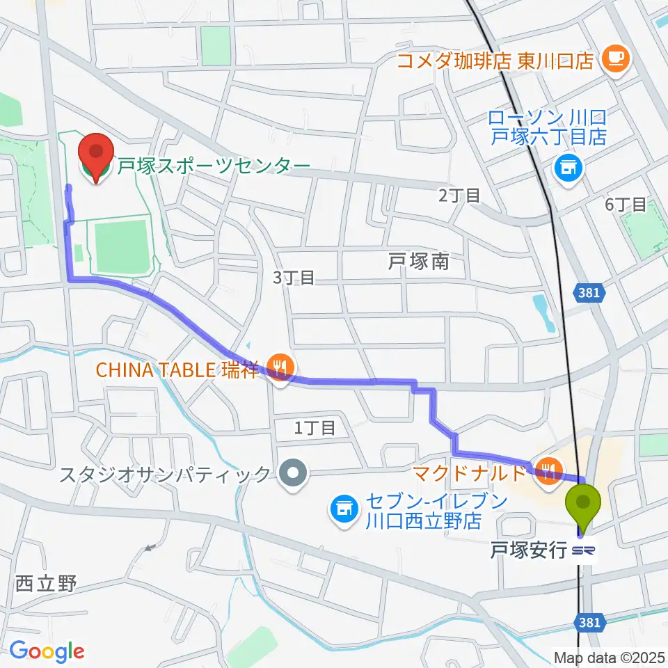 川口市立戸塚スポーツセンターの最寄駅戸塚安行駅からの徒歩ルート（約14分）地図