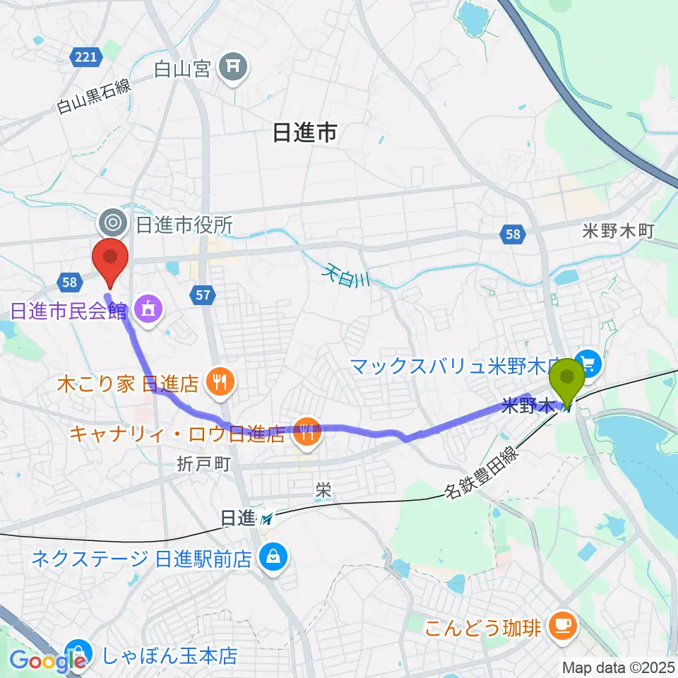 米野木駅から日進市スポーツセンターへのルートマップ地図