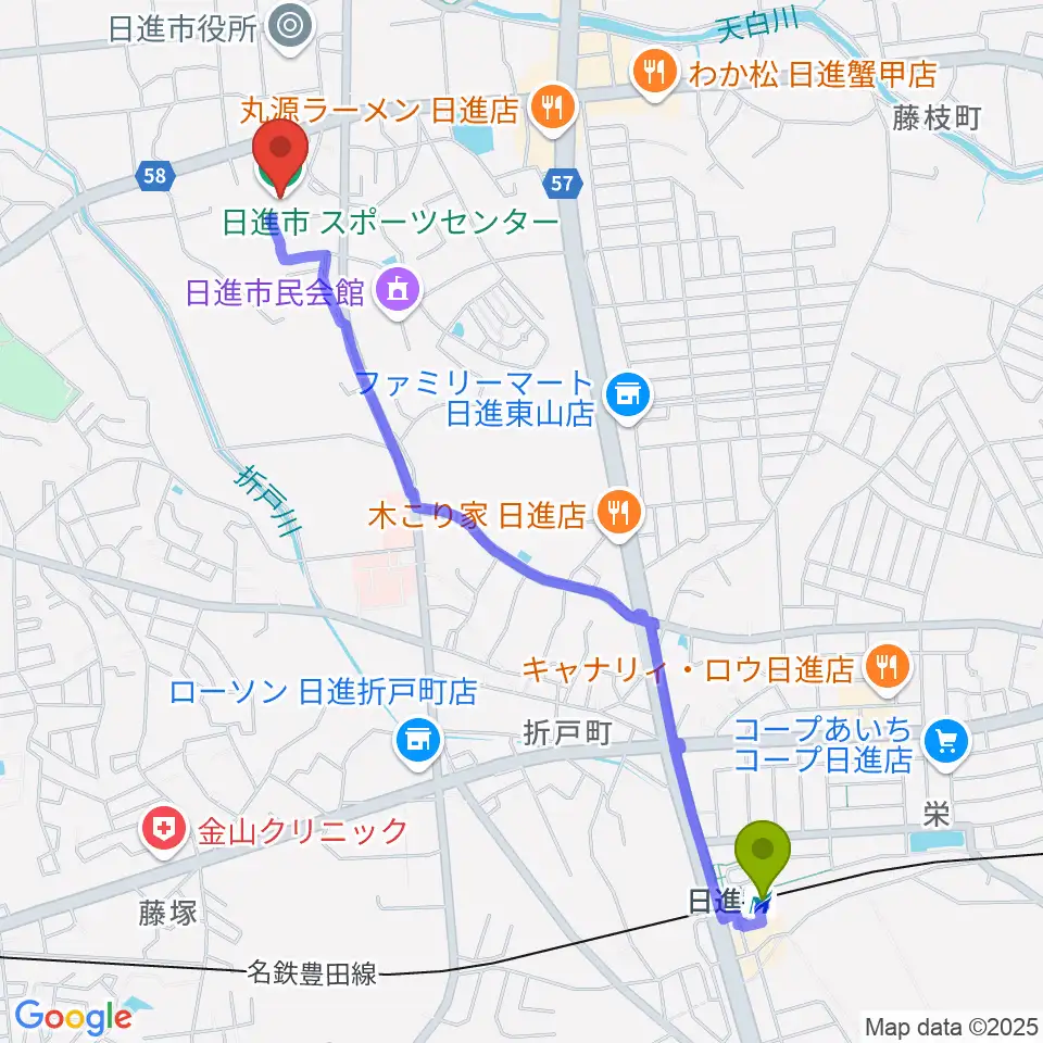 日進市スポーツセンターの最寄駅日進駅からの徒歩ルート（約25分）地図