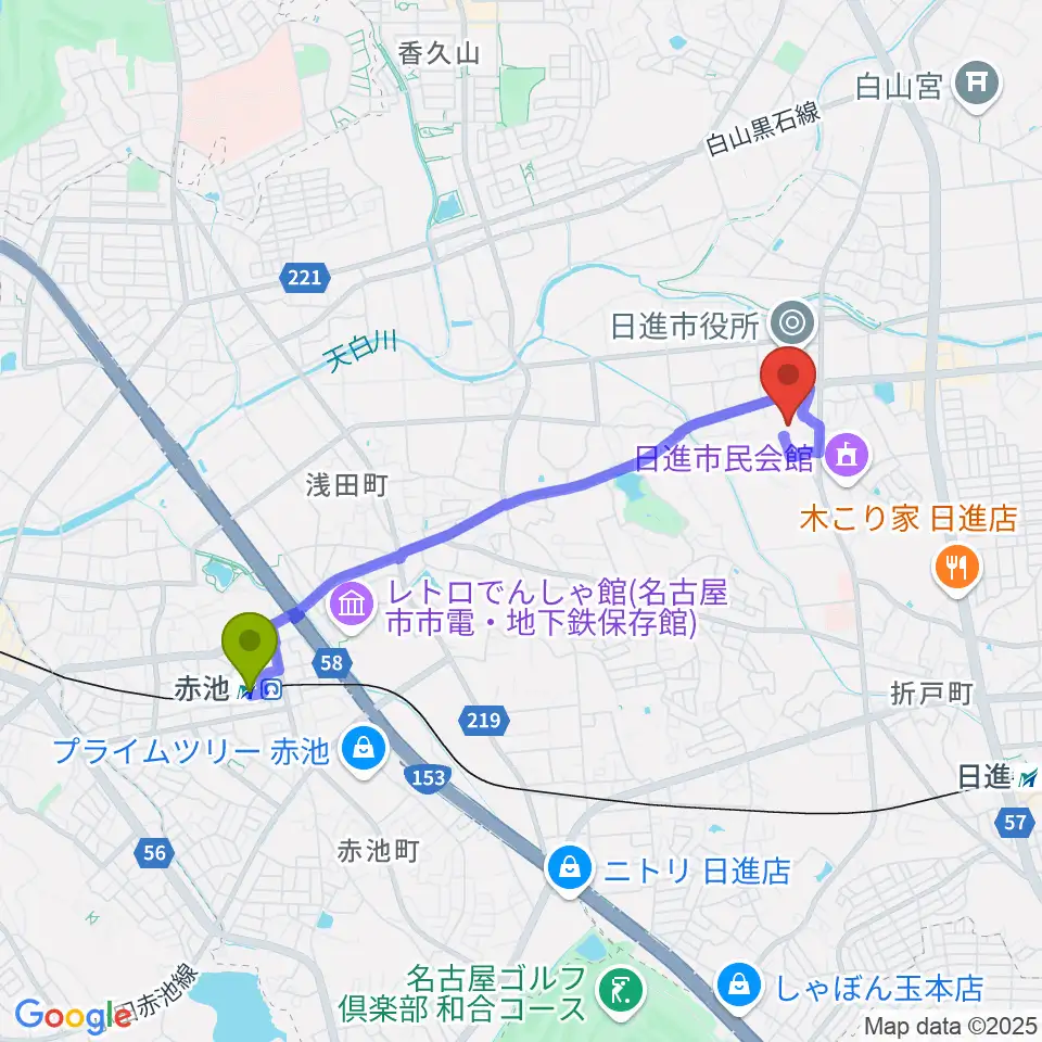 赤池駅から日進市スポーツセンターへのルートマップ地図