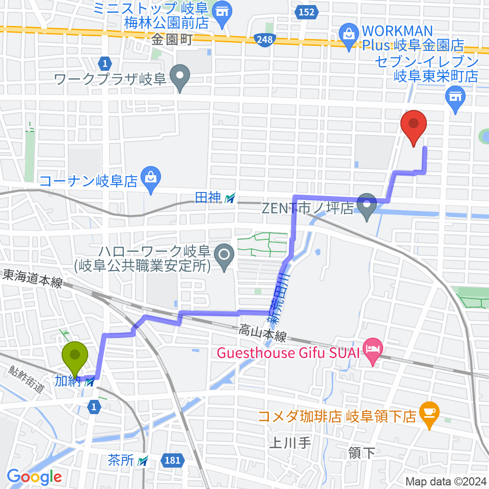 加納駅から岐阜市民総合体育館へのルートマップ地図