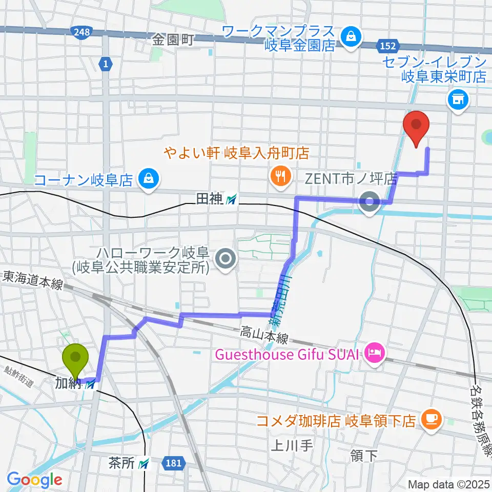 加納駅から岐阜市民総合体育館へのルートマップ地図