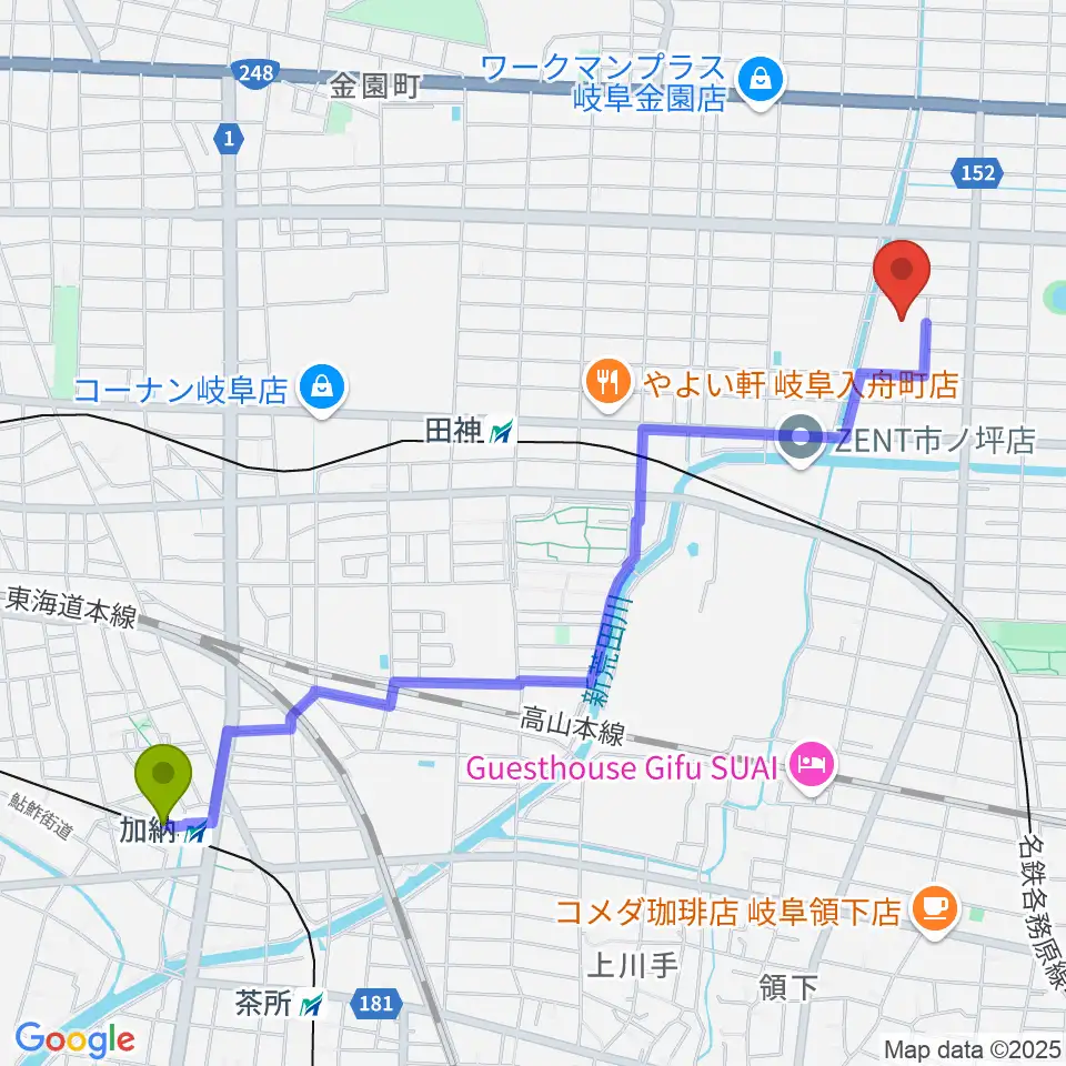 加納駅から岐阜市民総合体育館へのルートマップ地図