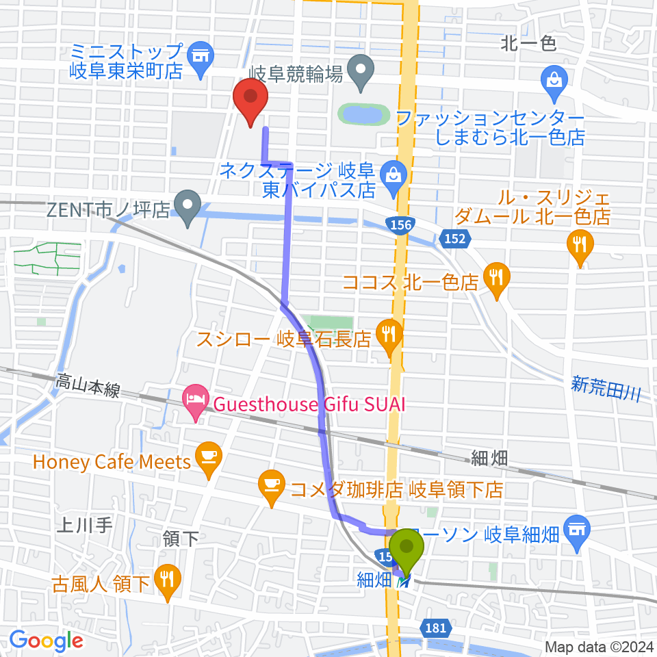 細畑駅から岐阜市民総合体育館へのルートマップ地図