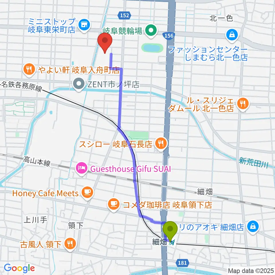 細畑駅から岐阜市民総合体育館へのルートマップ地図