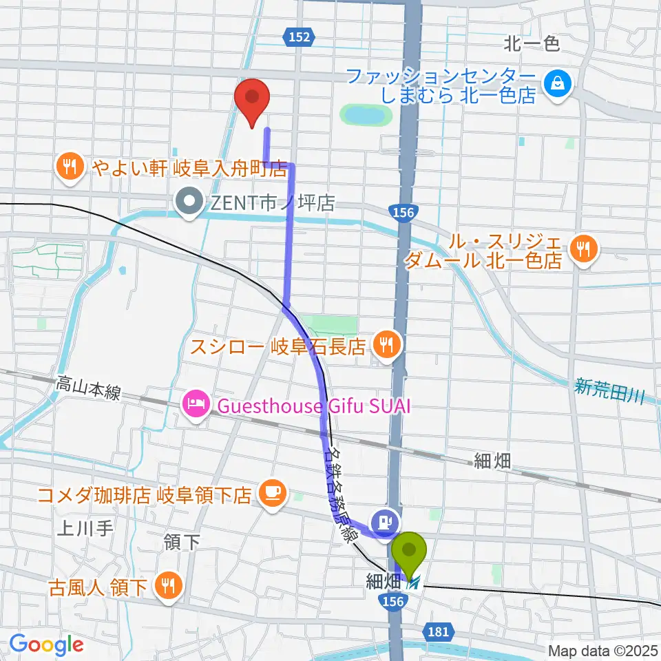 細畑駅から岐阜市民総合体育館へのルートマップ地図