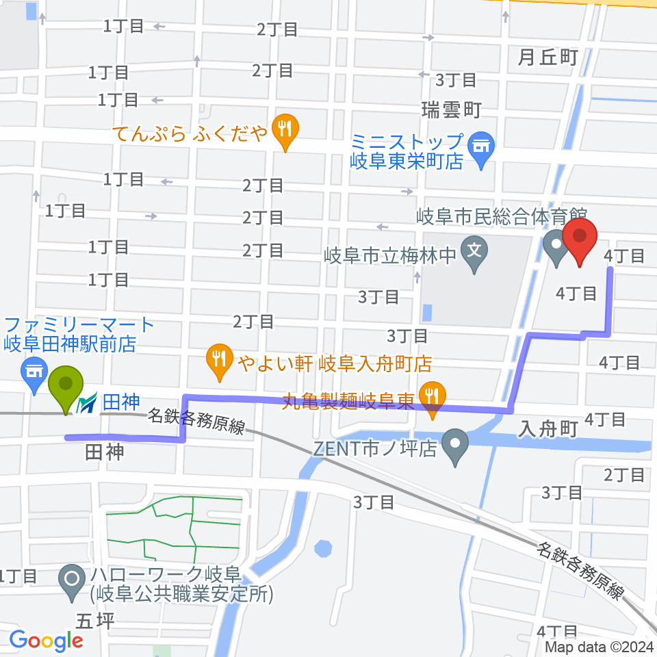 岐阜市民総合体育館の最寄駅田神駅からの徒歩ルート（約13分）地図