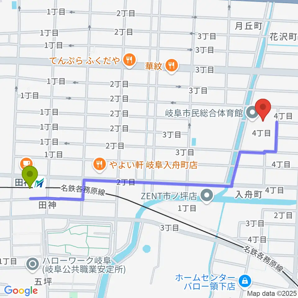 岐阜市民総合体育館の最寄駅田神駅からの徒歩ルート（約13分）地図