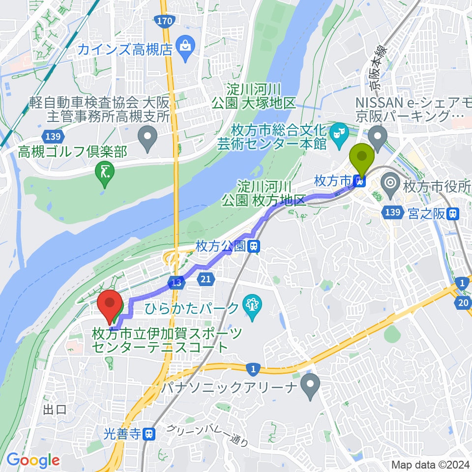 枚方市駅から誠信建設工業伊加賀スポーツセンターへのルートマップ地図