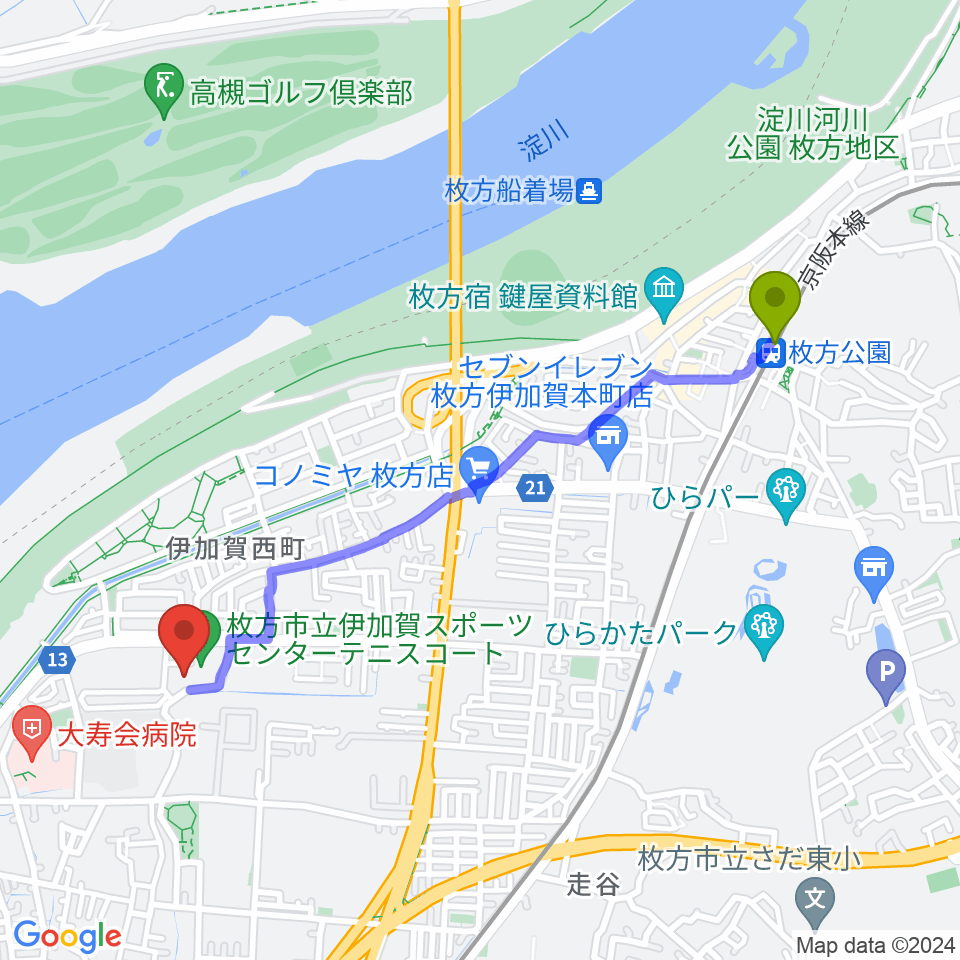 枚方公園駅から誠信建設工業伊加賀スポーツセンターへのルートマップ地図