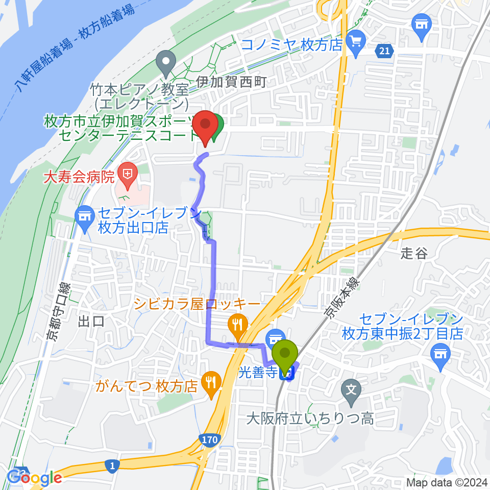 誠信建設工業伊加賀スポーツセンターの最寄駅光善寺駅からの徒歩ルート（約16分）地図