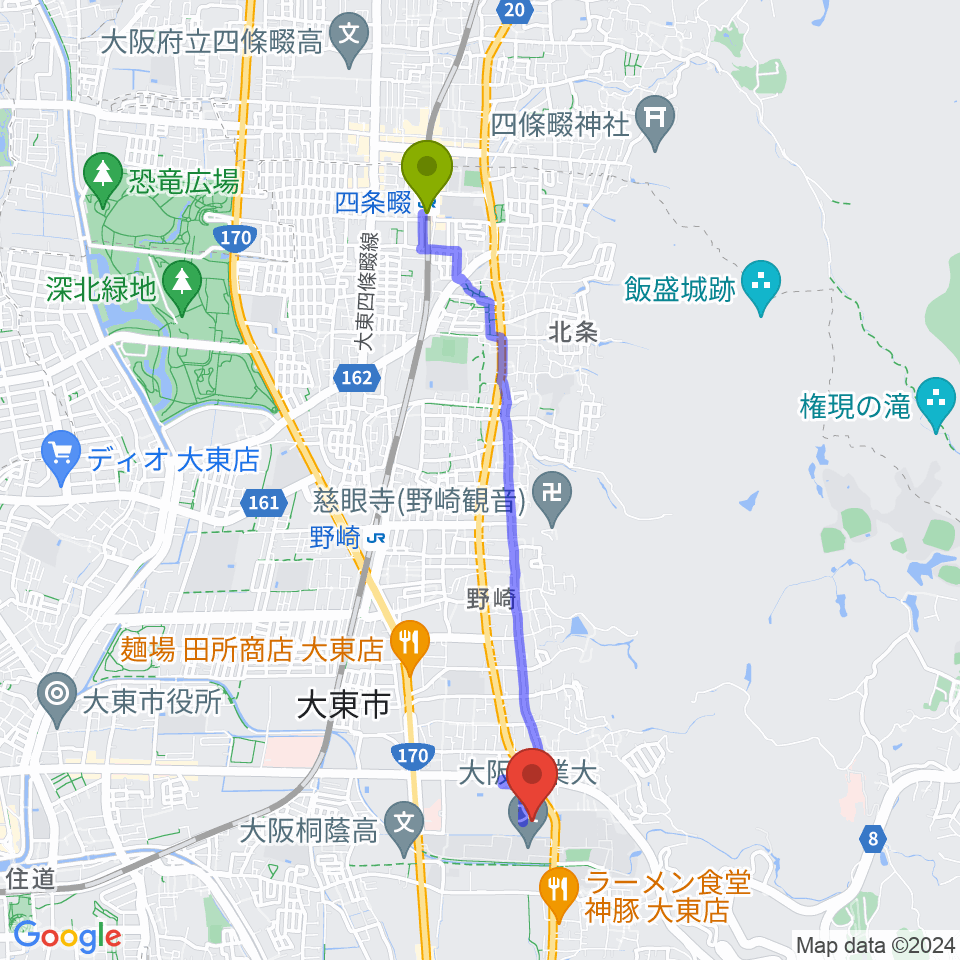 四条畷駅から大東市立市民体育館へのルートマップ地図