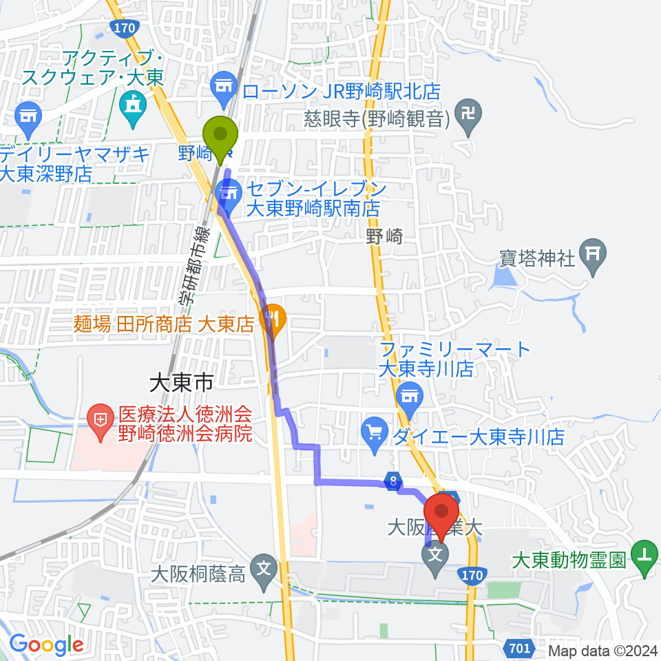 大東市立市民体育館の最寄駅野崎駅からの徒歩ルート（約21分）地図