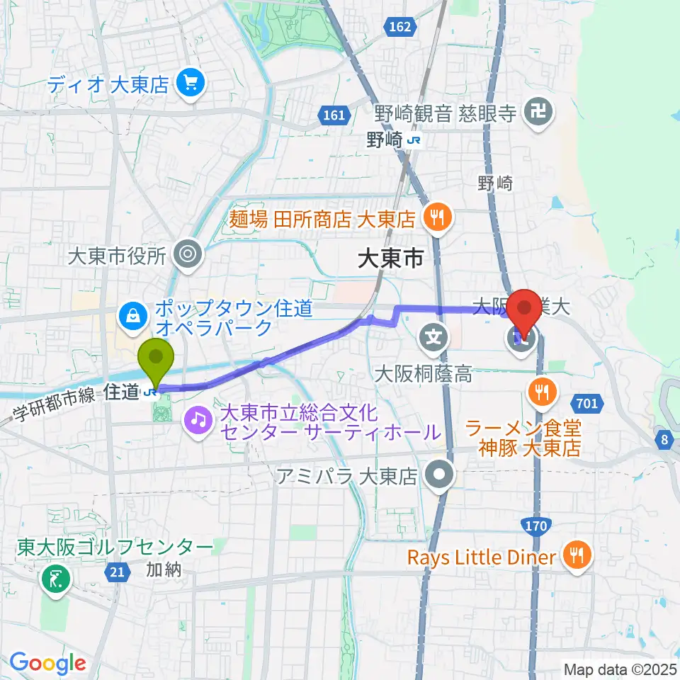 住道駅から大東市立市民体育館へのルートマップ地図