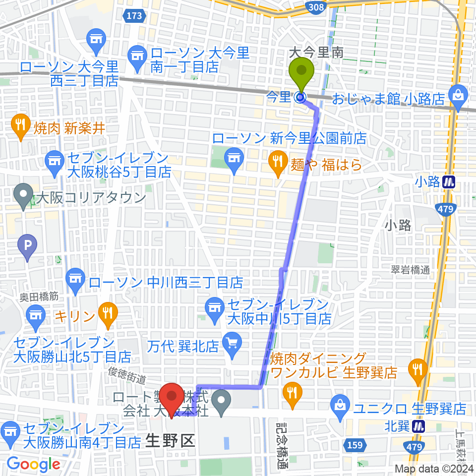 今里駅から大阪市立生野スポーツセンターへのルートマップ地図