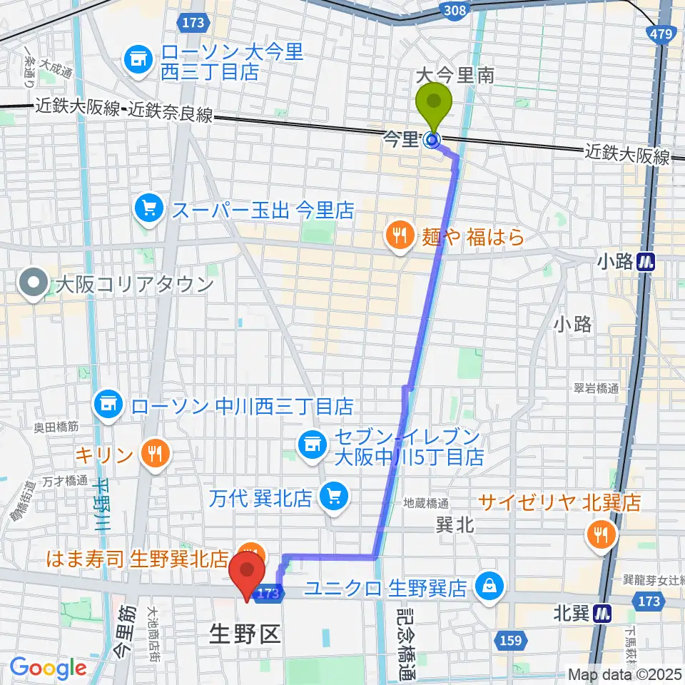 今里駅から大阪市立生野スポーツセンターへのルートマップ地図