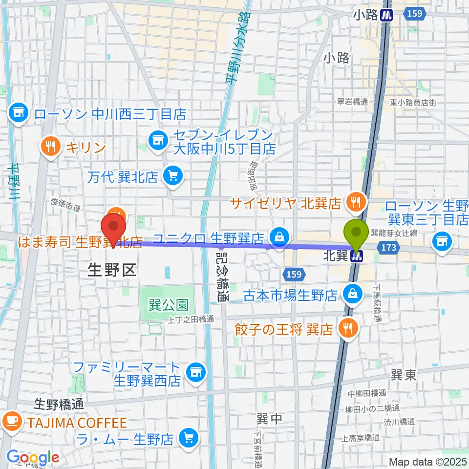 大阪市立生野スポーツセンターの最寄駅北巽駅からの徒歩ルート（約16分）地図