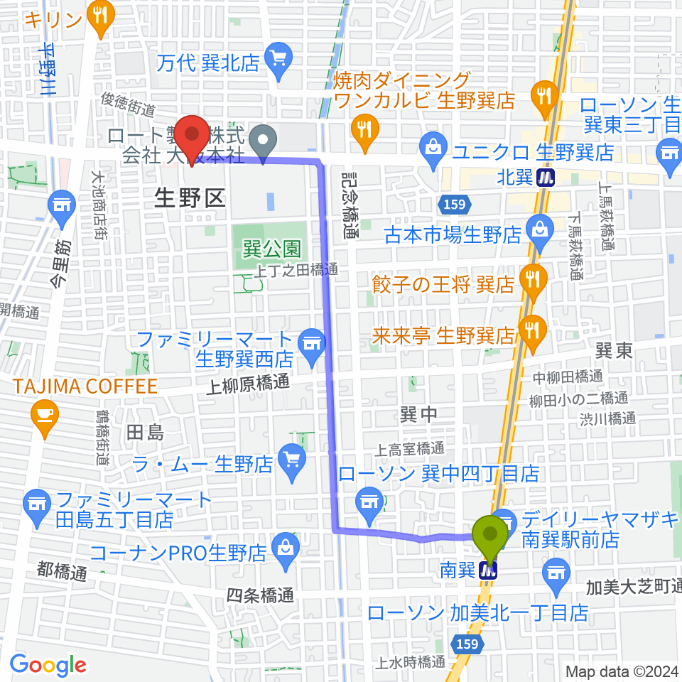 南巽駅から大阪市立生野スポーツセンターへのルートマップ地図