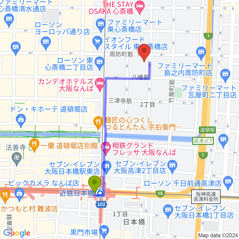 近鉄日本橋駅から大阪市立中央スポーツセンターへのルートマップ地図