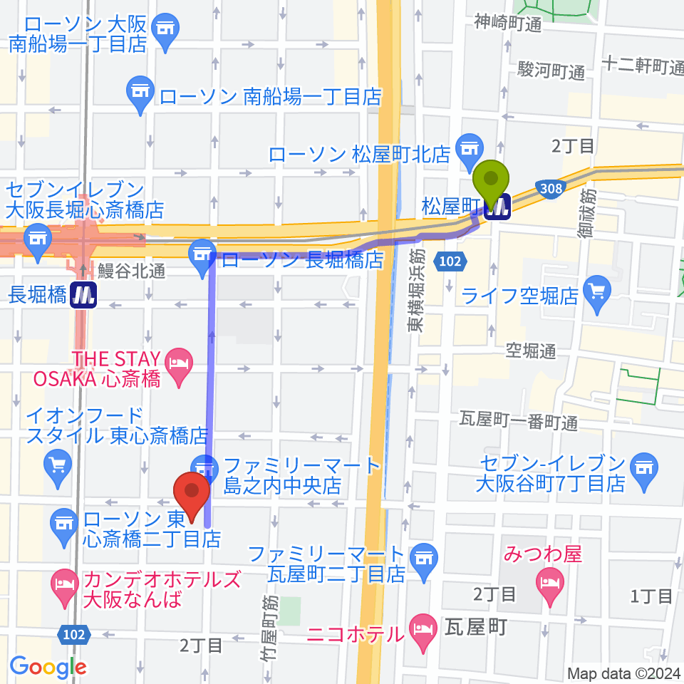 松屋町駅から大阪市立中央スポーツセンターへのルートマップ地図