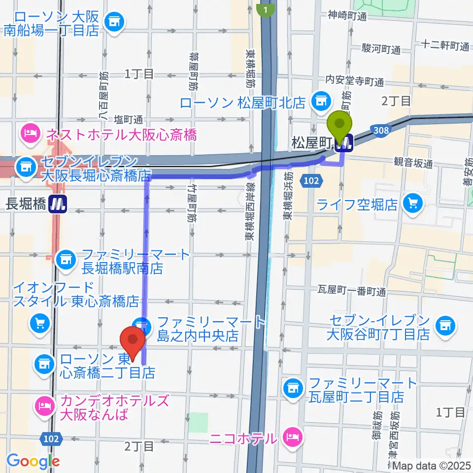 松屋町駅から大阪市立中央スポーツセンターへのルートマップ地図