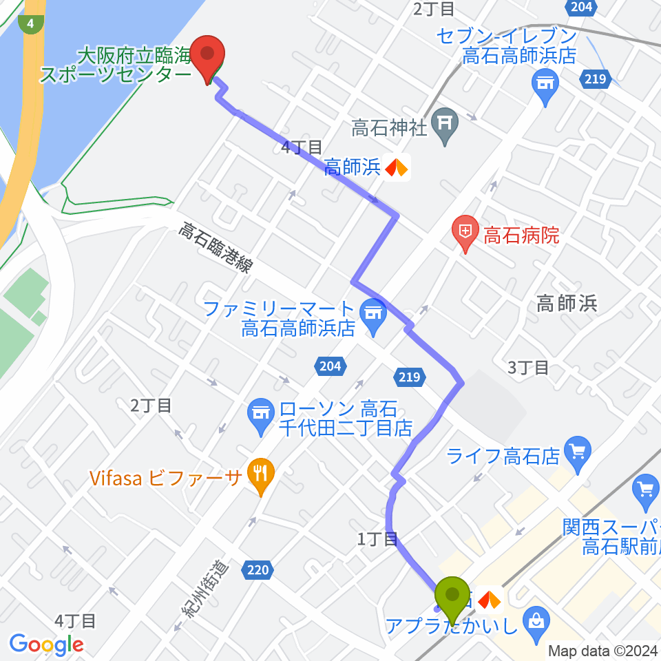 高石駅から大阪府立臨海スポーツセンターへのルートマップ地図
