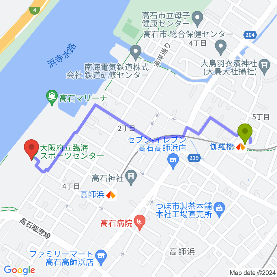 伽羅橋駅から大阪府立臨海スポーツセンターへのルートマップ地図
