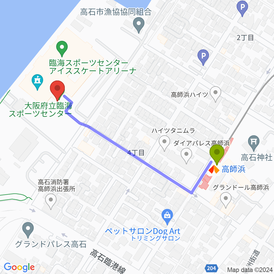 大阪府立臨海スポーツセンターの最寄駅高師浜駅からの徒歩ルート（約5分）地図