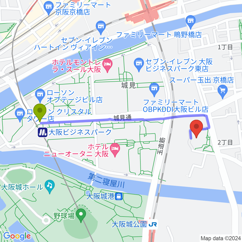 大阪ビジネスパーク駅から大阪市立城東スポーツセンターへのルートマップ地図