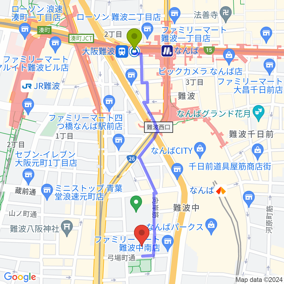 大阪難波駅から大阪市立浪速スポーツセンターへのルートマップ地図