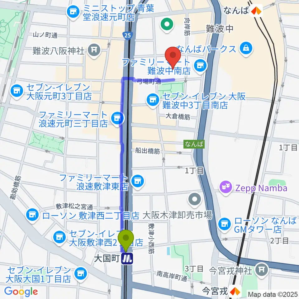 大国町駅から大阪市立浪速スポーツセンターへのルートマップ地図