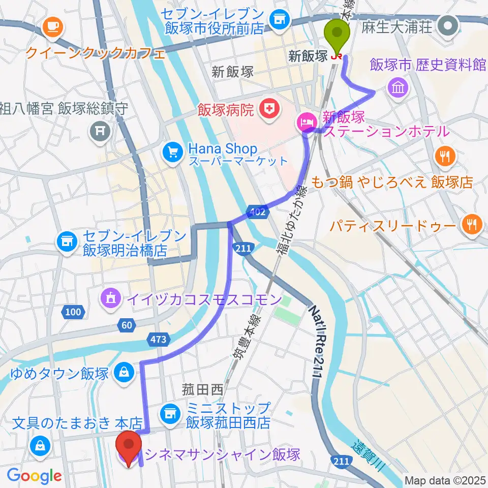 新飯塚駅からシネマサンシャイン飯塚へのルートマップ地図