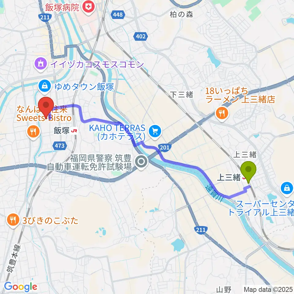 上三緒駅からシネマサンシャイン飯塚へのルートマップ地図