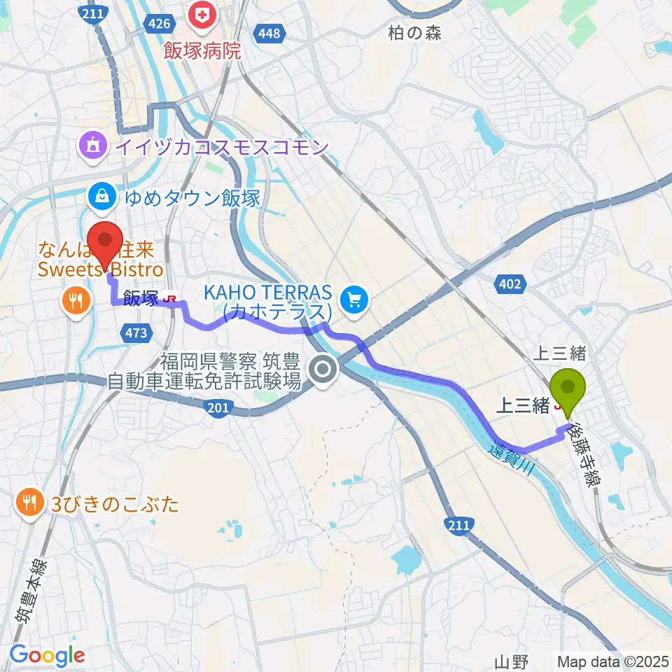 上三緒駅からシネマサンシャイン飯塚へのルートマップ地図