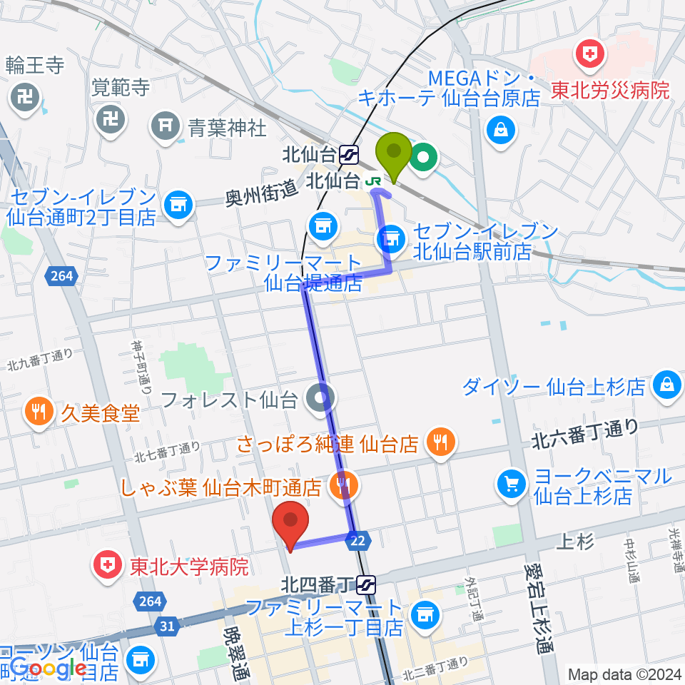 北仙台駅からフォーラム仙台へのルートマップ地図