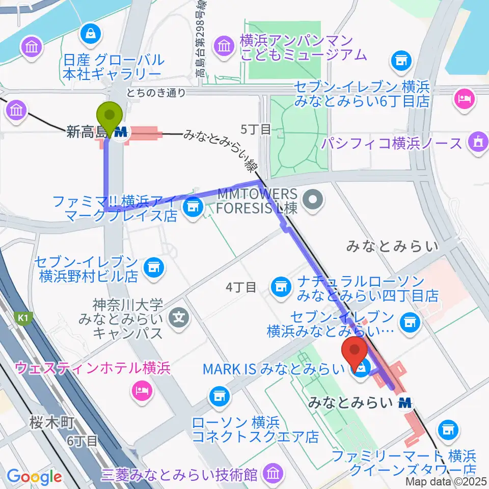 新高島駅からローソン・ユナイテッドシネマ STYLE-S みなとみらいへのルートマップ地図