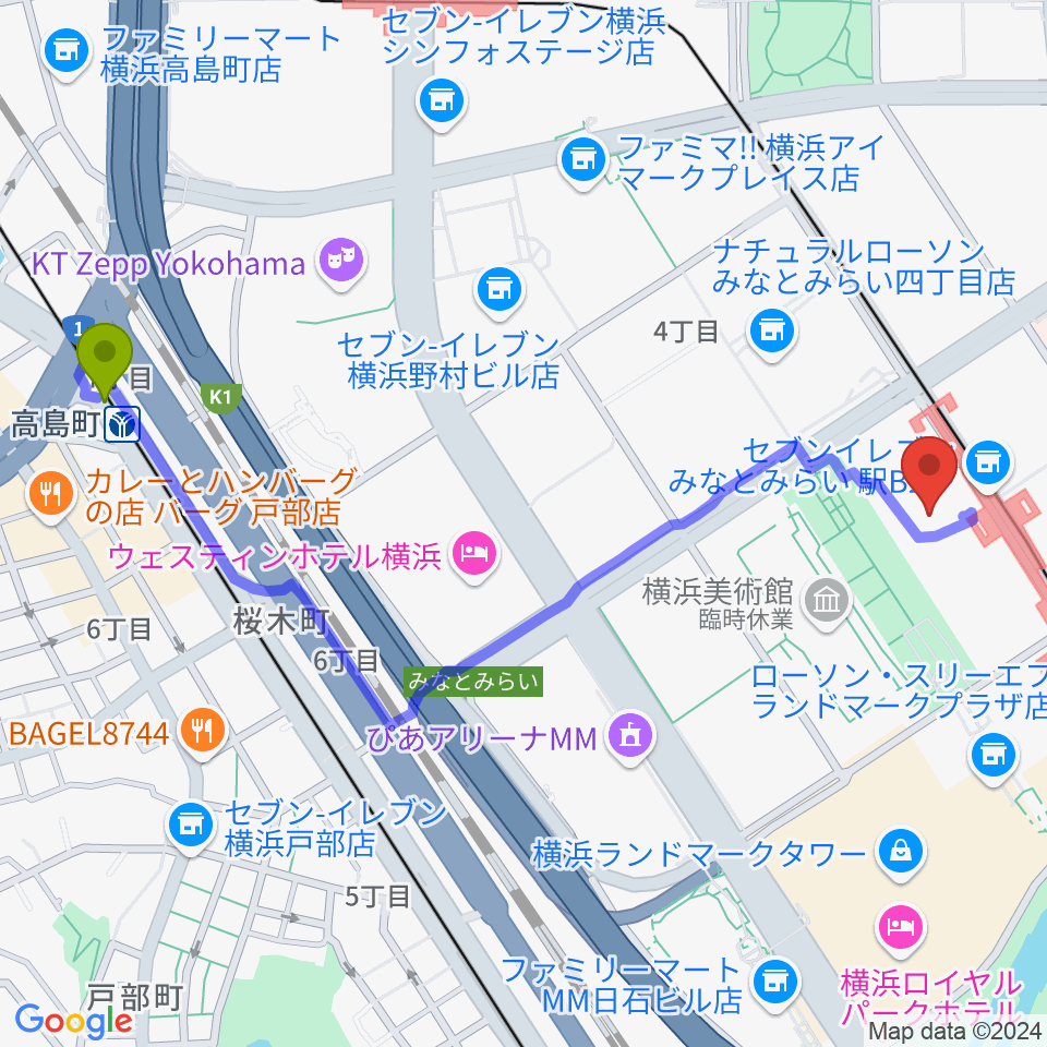 高島町駅からローソン・ユナイテッドシネマ STYLE-S みなとみらいへのルートマップ地図