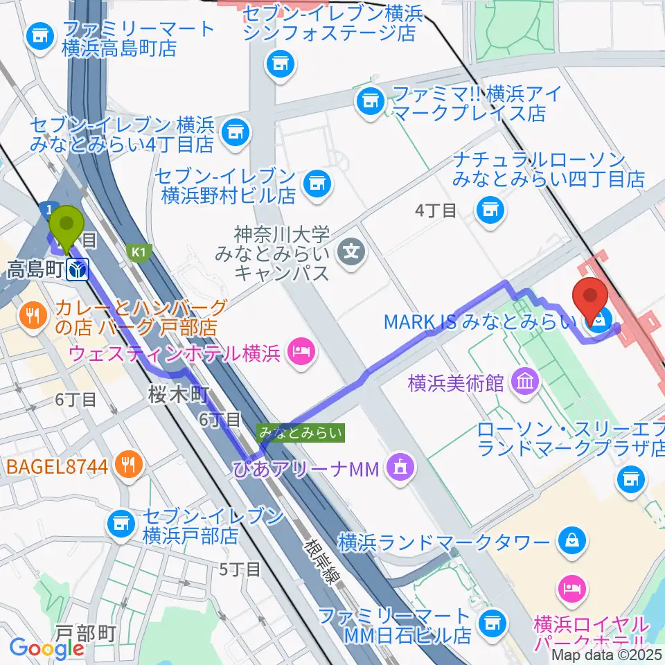 高島町駅からローソン・ユナイテッドシネマ STYLE-S みなとみらいへのルートマップ地図