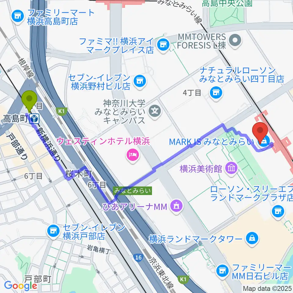 高島町駅からローソン・ユナイテッドシネマ STYLE-S みなとみらいへのルートマップ地図