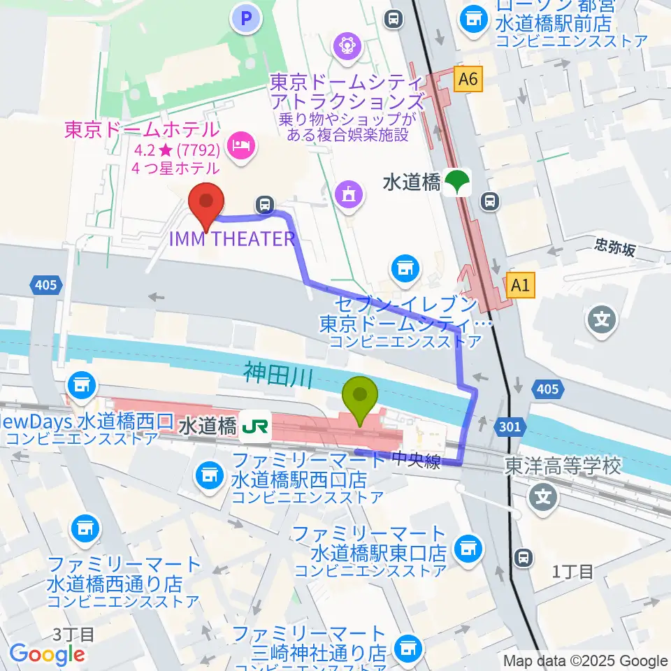 IMM THEATERの最寄駅水道橋駅からの徒歩ルート（約3分）地図