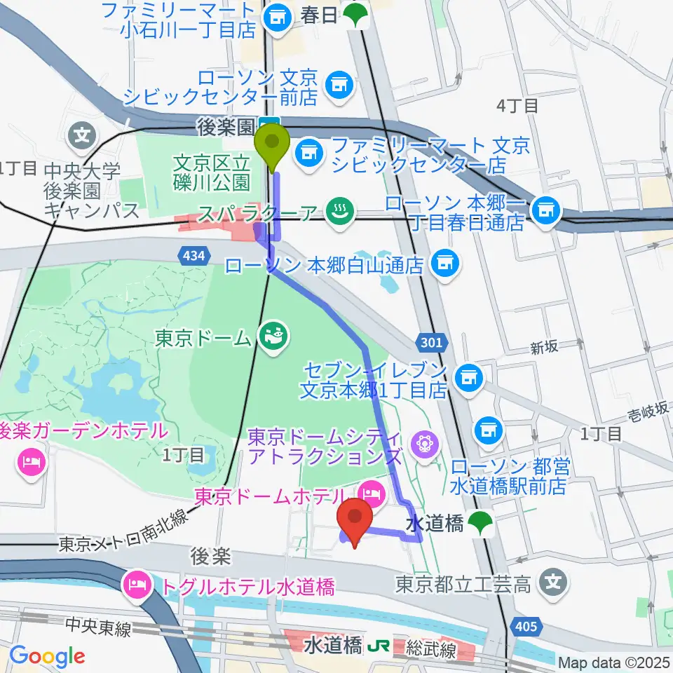 後楽園駅からIMM THEATERへのルートマップ地図