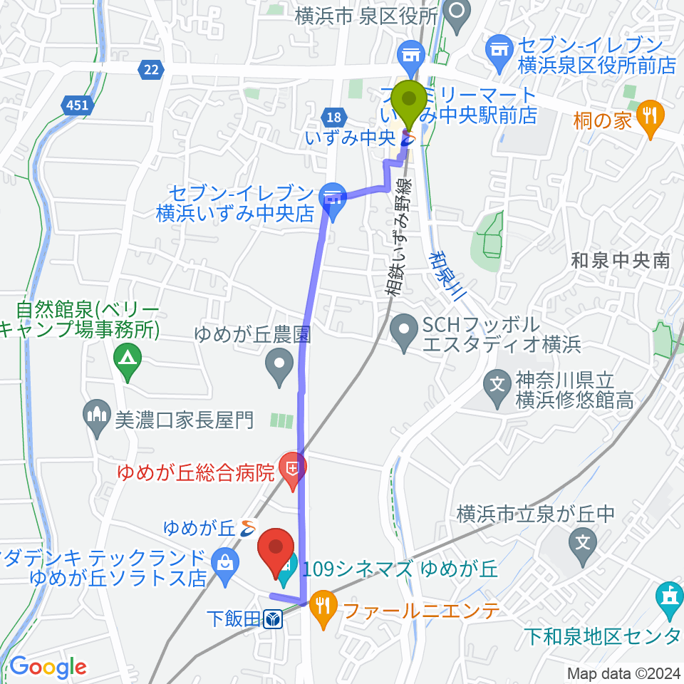 いずみ中央駅から109シネマズゆめが丘へのルートマップ地図