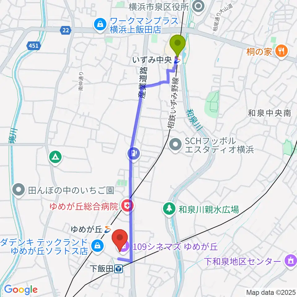 いずみ中央駅から109シネマズゆめが丘へのルートマップ地図