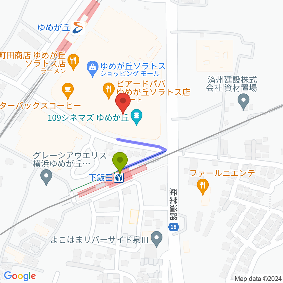 109シネマズゆめが丘の最寄駅下飯田駅からの徒歩ルート（約2分）地図