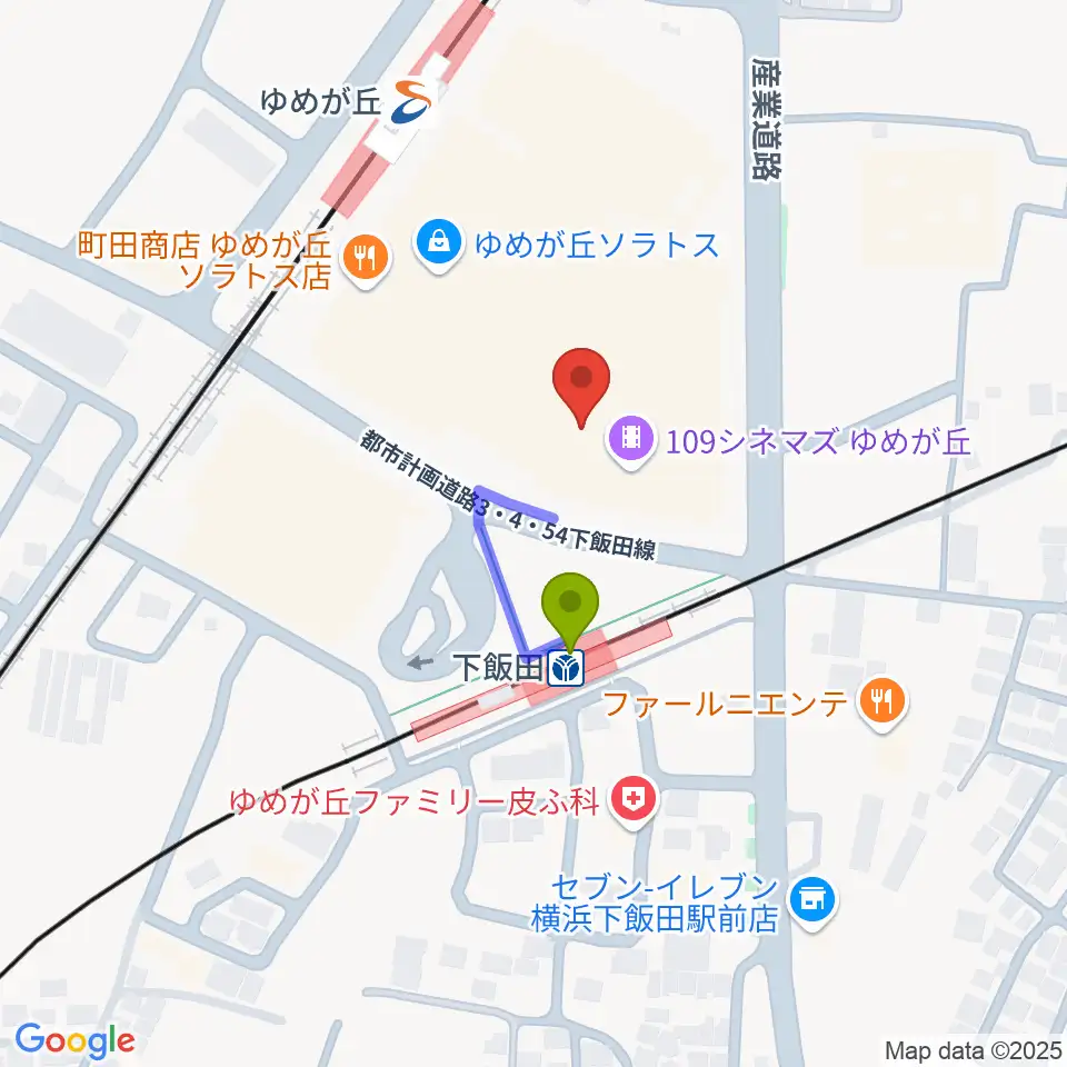 109シネマズゆめが丘の最寄駅下飯田駅からの徒歩ルート（約2分）地図